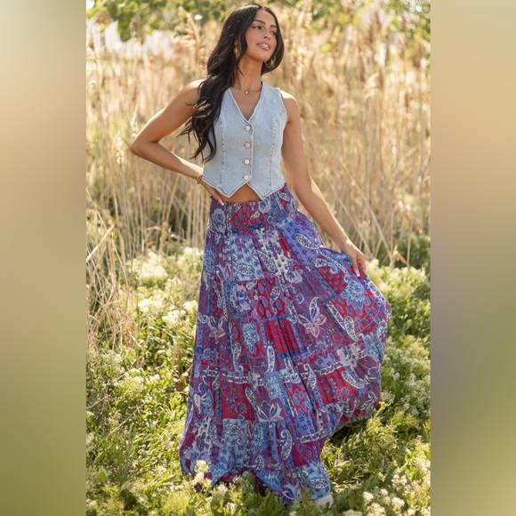 NWT Angie Clothing Boho Festival Americana Paisley Floral Smocked Maxi Skirt - Picture 7 of 8